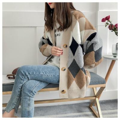 Kostkované elegantní vesty Knoflík s nabíraným rukávem Kostkovaný oversized dámské svetry Zimní jarní svetry