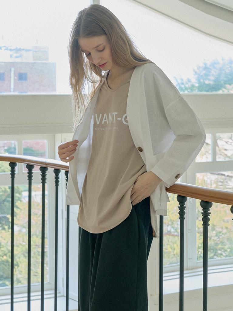 AVANT-G V-Neck Overfit Logo T-Shirt - Beige
