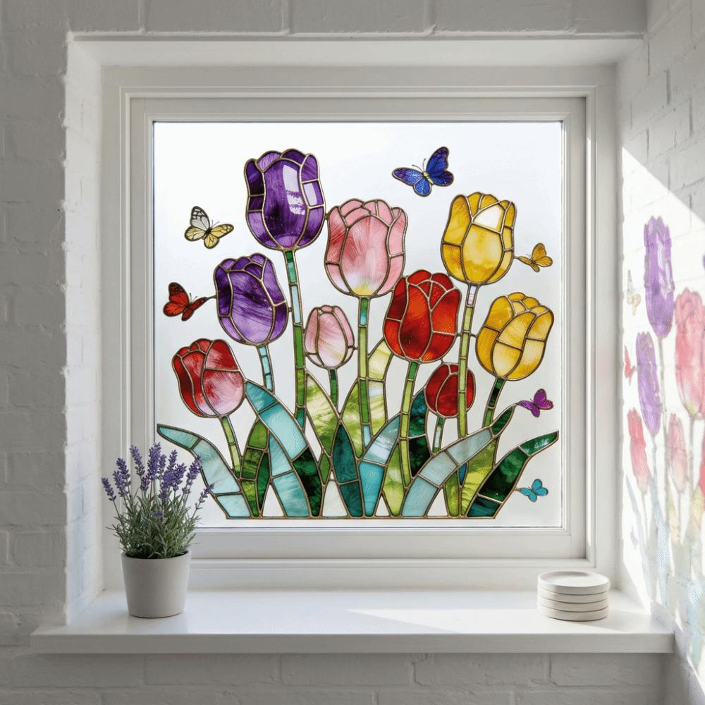 Self-adhesive Tulip Glass Stickers Waterproof Tulip Butterfly Wallpaper Tulip Window Decals Window