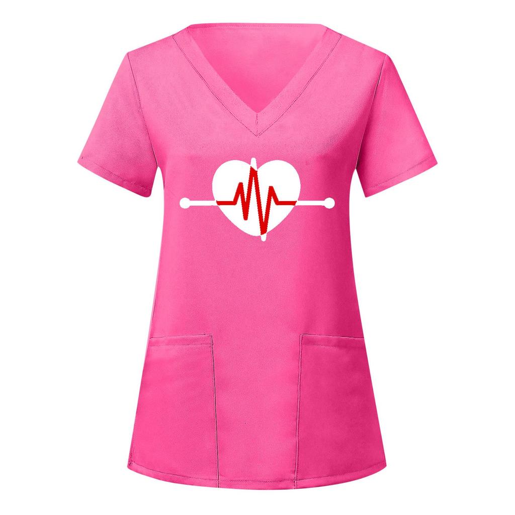 European and American Nurse Caregiver V-Neck Print Shirt with Large Pocket, Short Sleeve T-shirt for Women