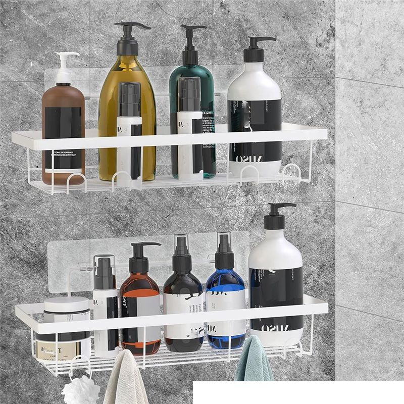 AEE4-Shower Caddy Shelf Organizer, 2 Pack Adhesive Bathroom Accessories, Save Space With Hooks