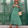 Women V Neck 3/4 Puff Sleeves Maxi Dress Bohemia Floral Print Stitching Flow Hem Loose Fit Beach Long Dress Casual Sundress