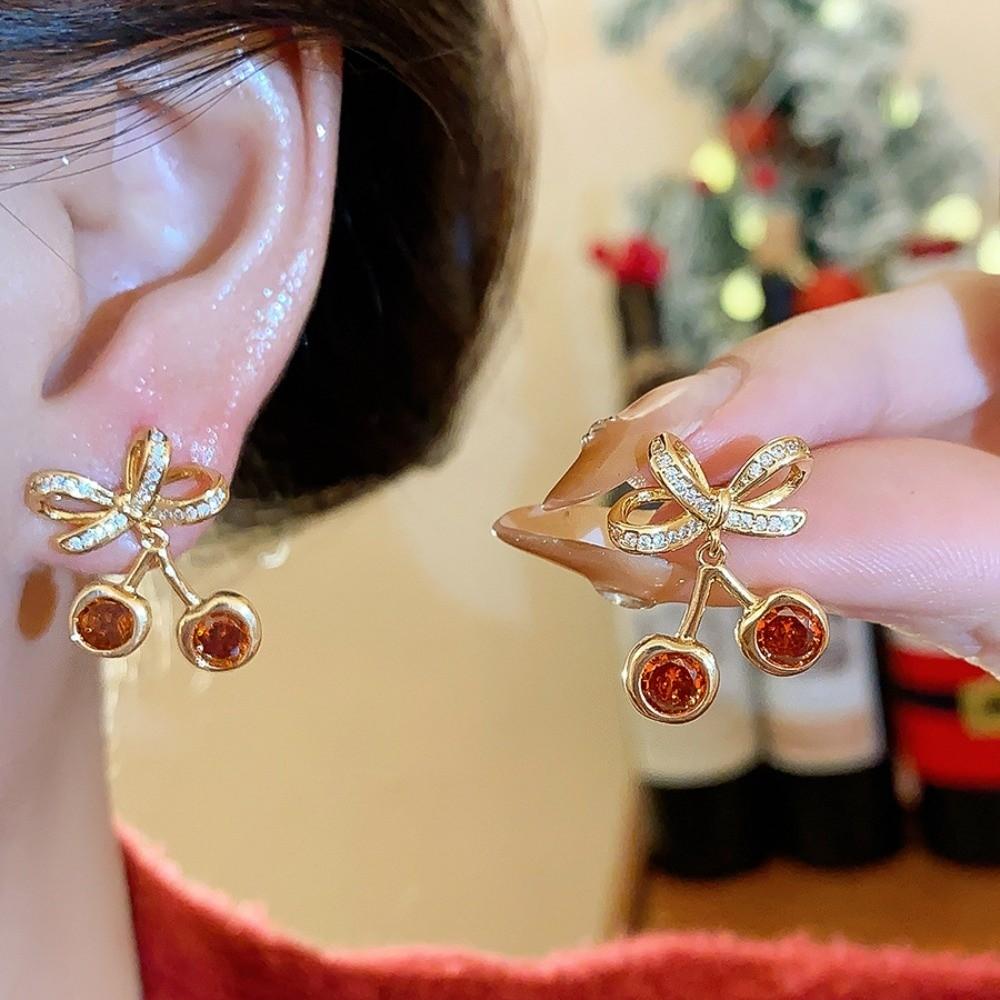 Zircon Bow Cherry Earrings Copper Retro Fruit Earrings High-end Bow Drop Earrings Women