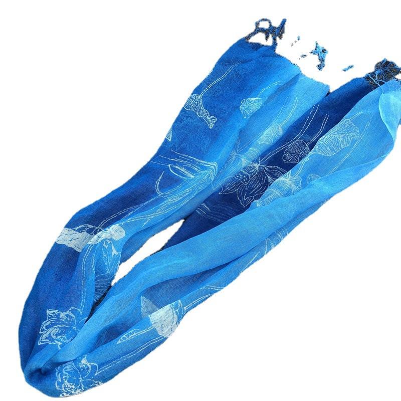 Blue Color Linen Soft Scarves Women Flower Printed Ethnic Design Scarf Summer Travelling Long Scarves