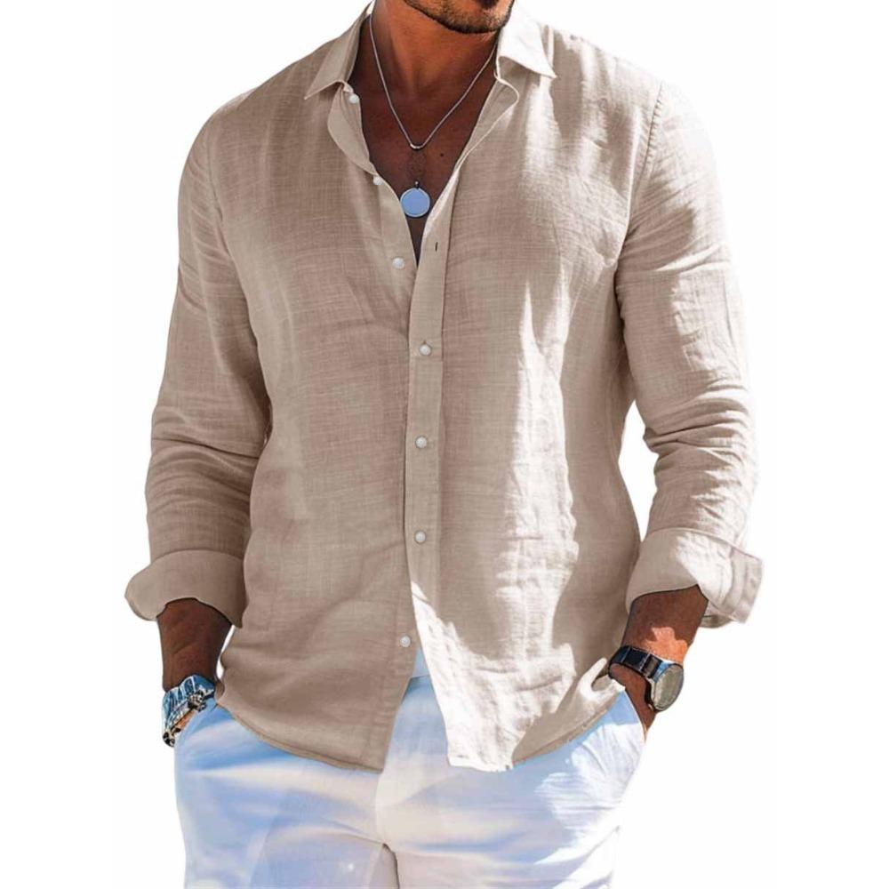 Chemise en lin pour homme avec col, Chemise de plage à manches longues