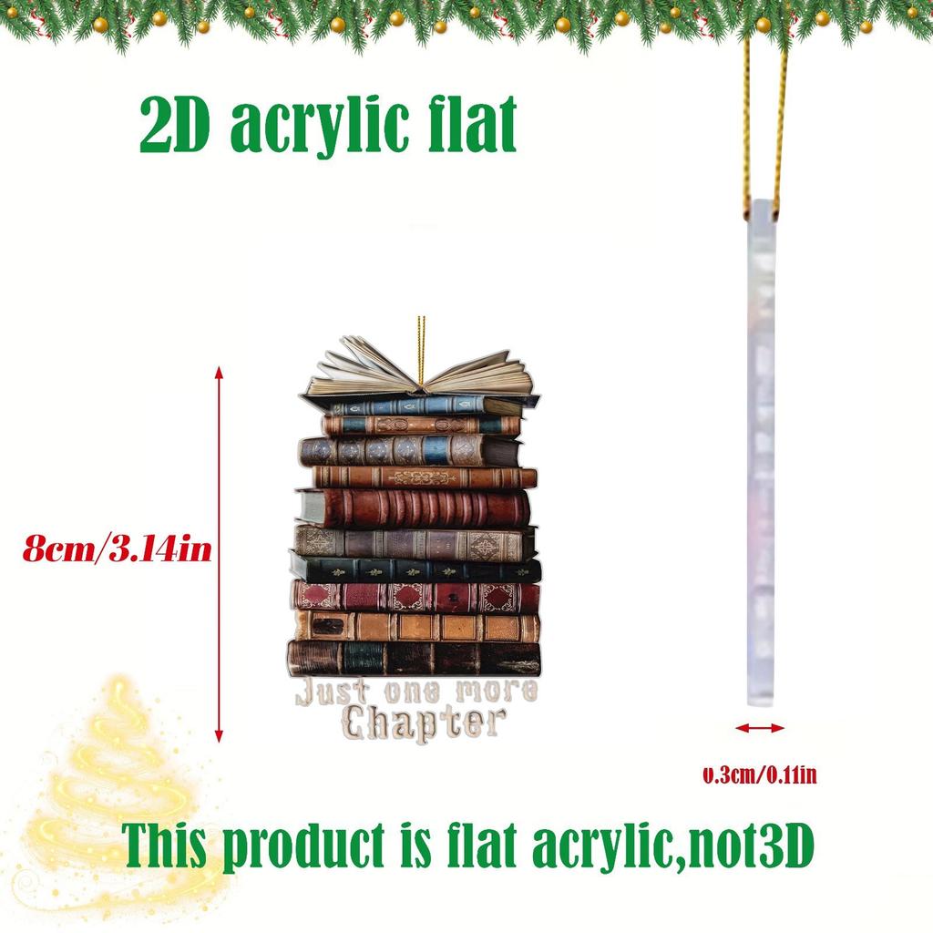 Christmas 2D Flat Ornament Book Tree Shape With Coffee Cup Star Holiday Festive Home Decor Unique Literary Style Ornament