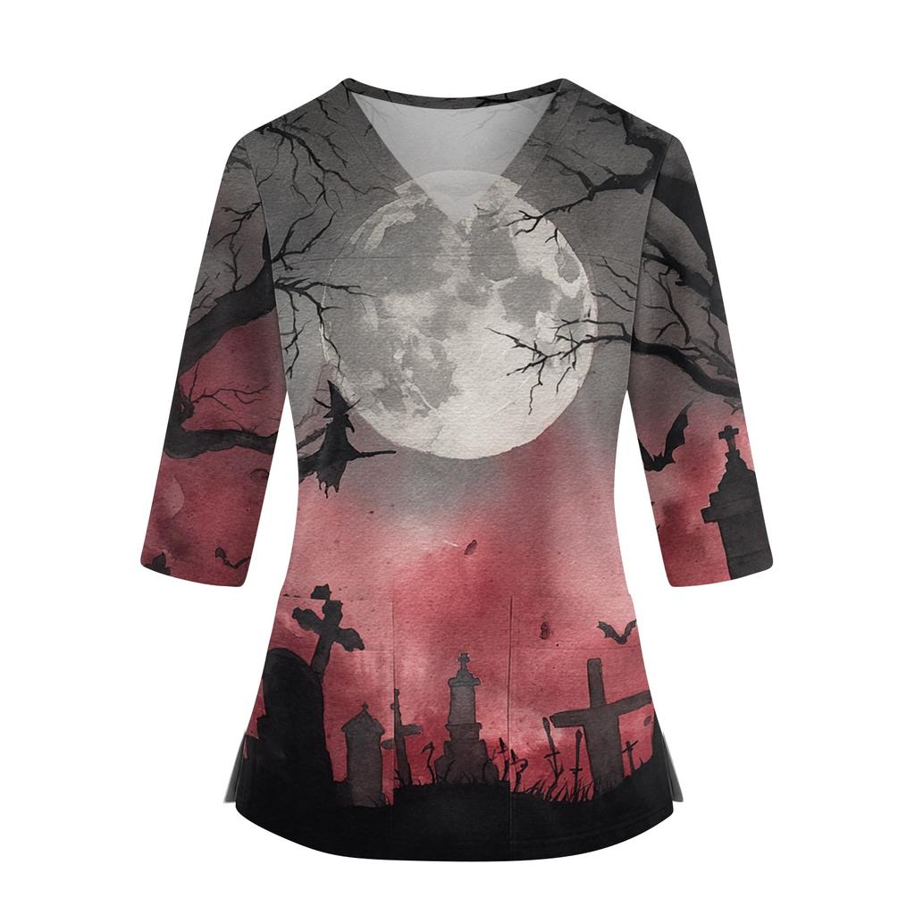 Top da Donna con Stampa di Halloween Scollo a V Manica a Tre Quarti con Tasche Spacchi Laterali Camicia da Costume