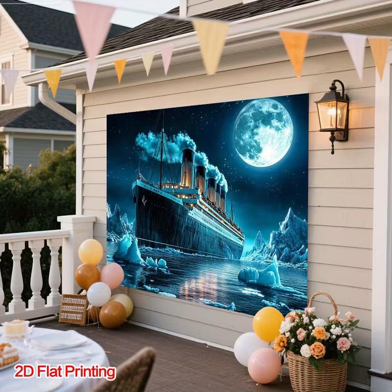 Marynistyczny gobelin Titanic, Nocny, oświetlony księżycem ocean z tłem gór lodowych, 120x80cm Tematyczna sztuka ścienna do domu