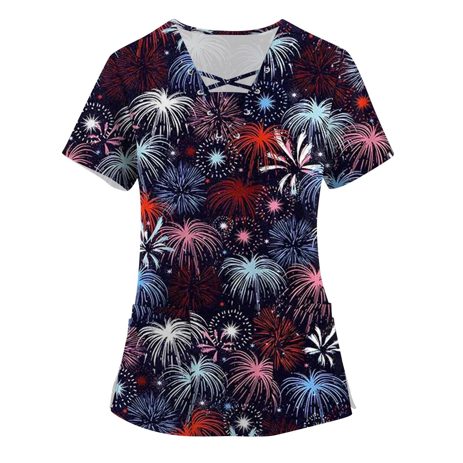 

Женская мода с коротким рукавом и v-образным вырезом на шнуровке с карманом и принтом ко Дню независимости XL винный