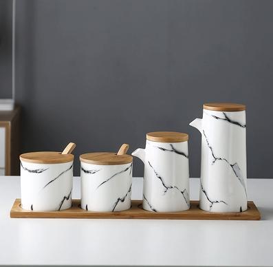 marble Ceramic Gravy Olive Oil Pot set Soy Sauce Vinegar Seasoning Can Oil Bottle Kitchen Cooking Tools Storage Bottles set