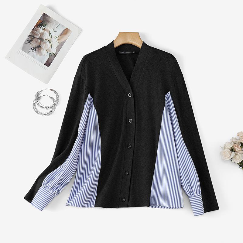 ZANZEA Women Casual V-Neck Long Sleeve Patchwork Blouse S чёрный
