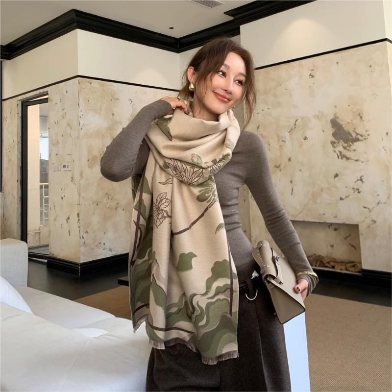 Autumn and winter new landscape begonia double-sided jacquard scarf elegant atmosphere shawl women's thickened warm scarf