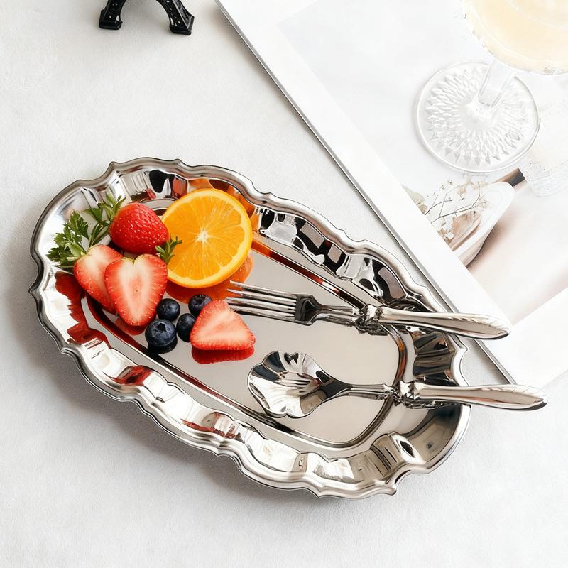 BROval Stainless Steel Cake Tray Afternoon Tea Dessert Plate Silver Jewelry Mirror Surface Storage Tray Trays Decorative OrganizerEY