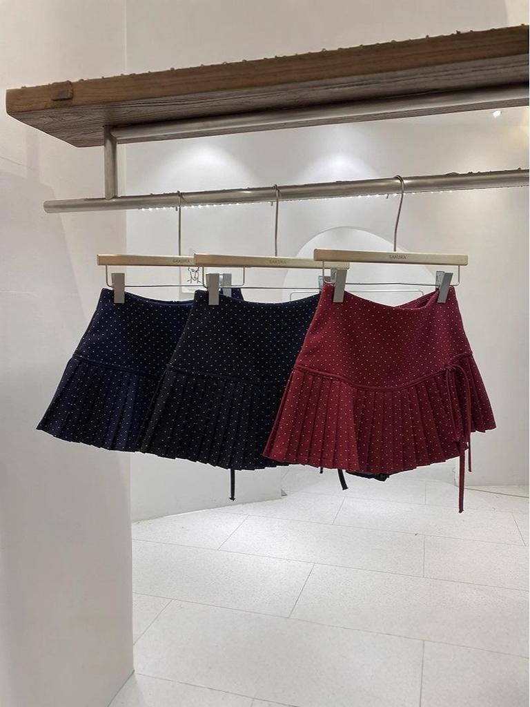 Women's High Waist Red Polka Dot Pleated A-Line Skirt - Anti-Exposure, Autumn/Winter, Short, Bow Detail, Petite Fit