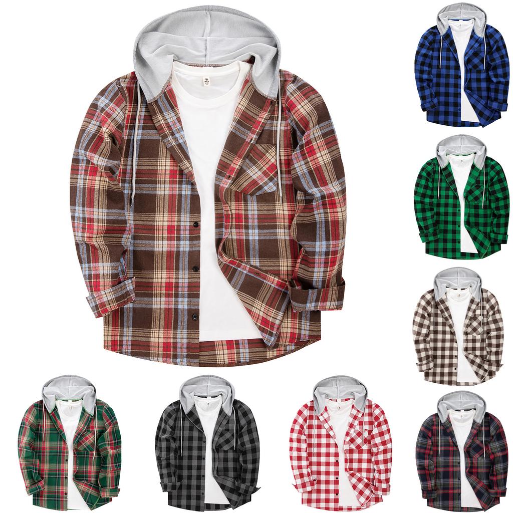 Plus Size Men's Spring And Autumn Loose Casual Long-sleeved Hooded Plaid Shirt Man