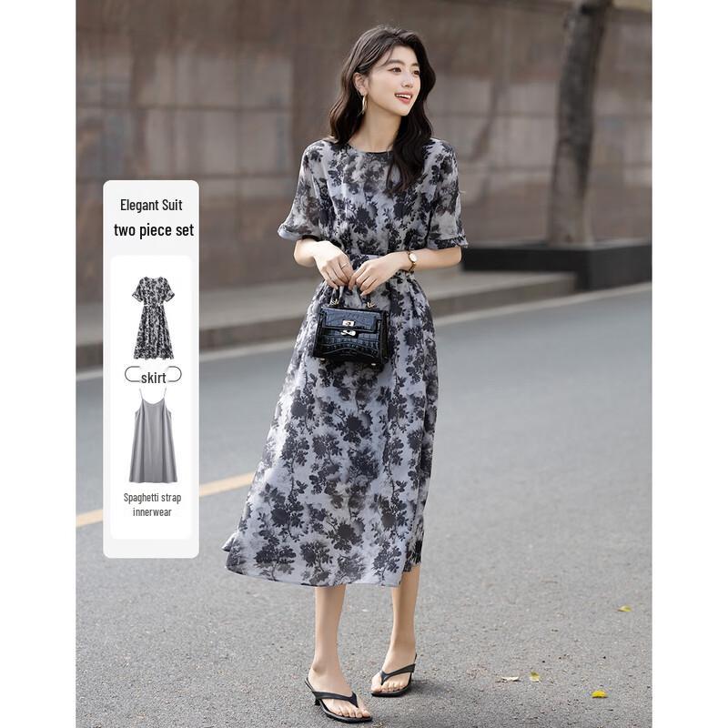 Demana Women s Retro Ink Print French Round Neck Tie-Waist Dress L