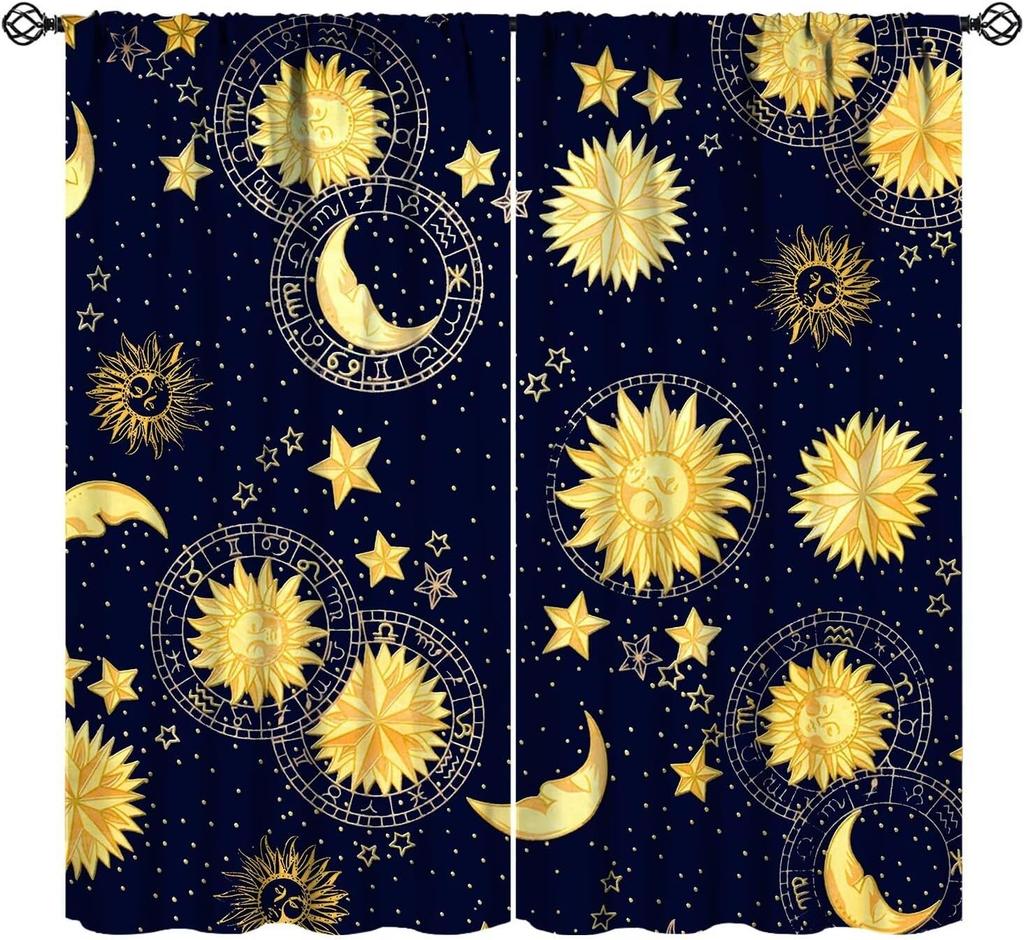 Sun Moon Curtains Bohemian Celestial Art Printed Blackout Window Drapes for Bedroom Living Room Kitchen Decor Fabric Set 2 Panel