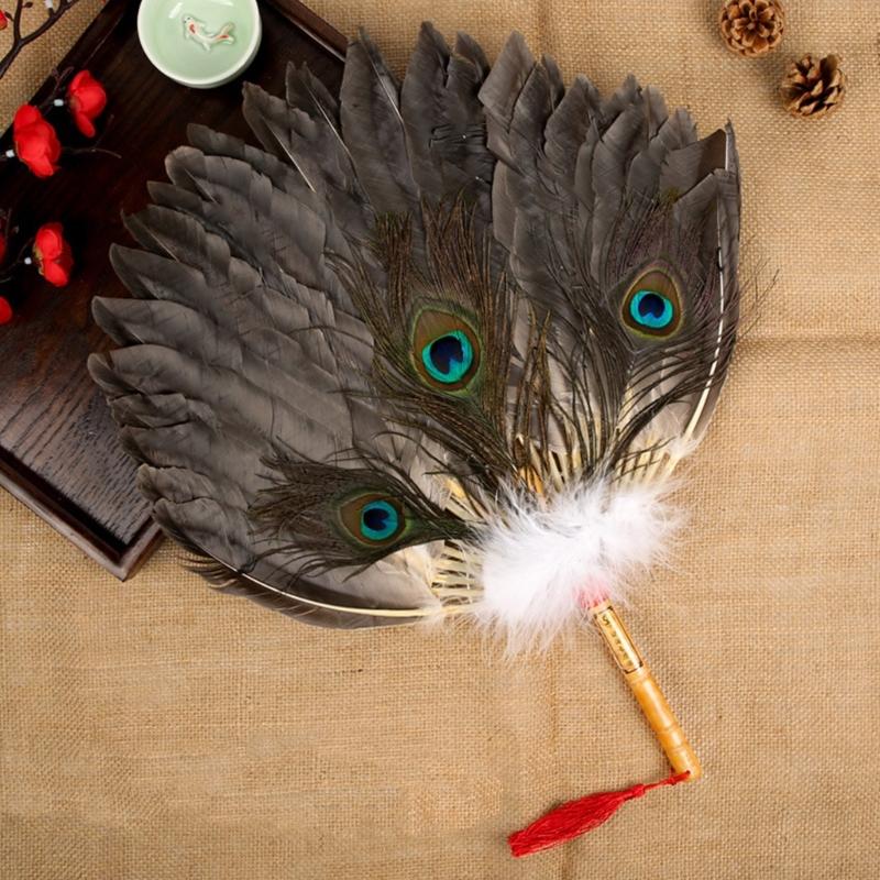 Vintage Chinese Fan Gooses Feather Wedding Party Fan Dance Feather Hand Fan Photograph Props Wood Craft Decorations Fan