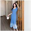 Women Summer Mesh Long Dress Round Neck Sleeveless Vest Dress Vintage Sweet Beach Dresses
