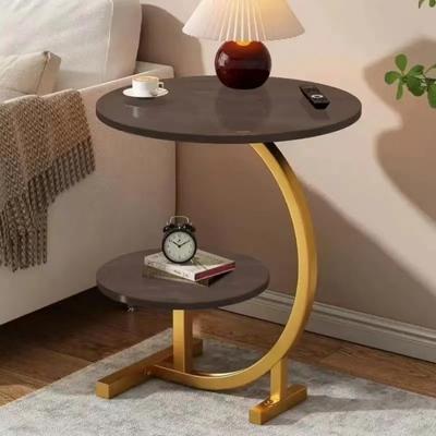 2-Tier C-shaped Side Table Small Coffee Table with Wooden Tabletop Metal Frame