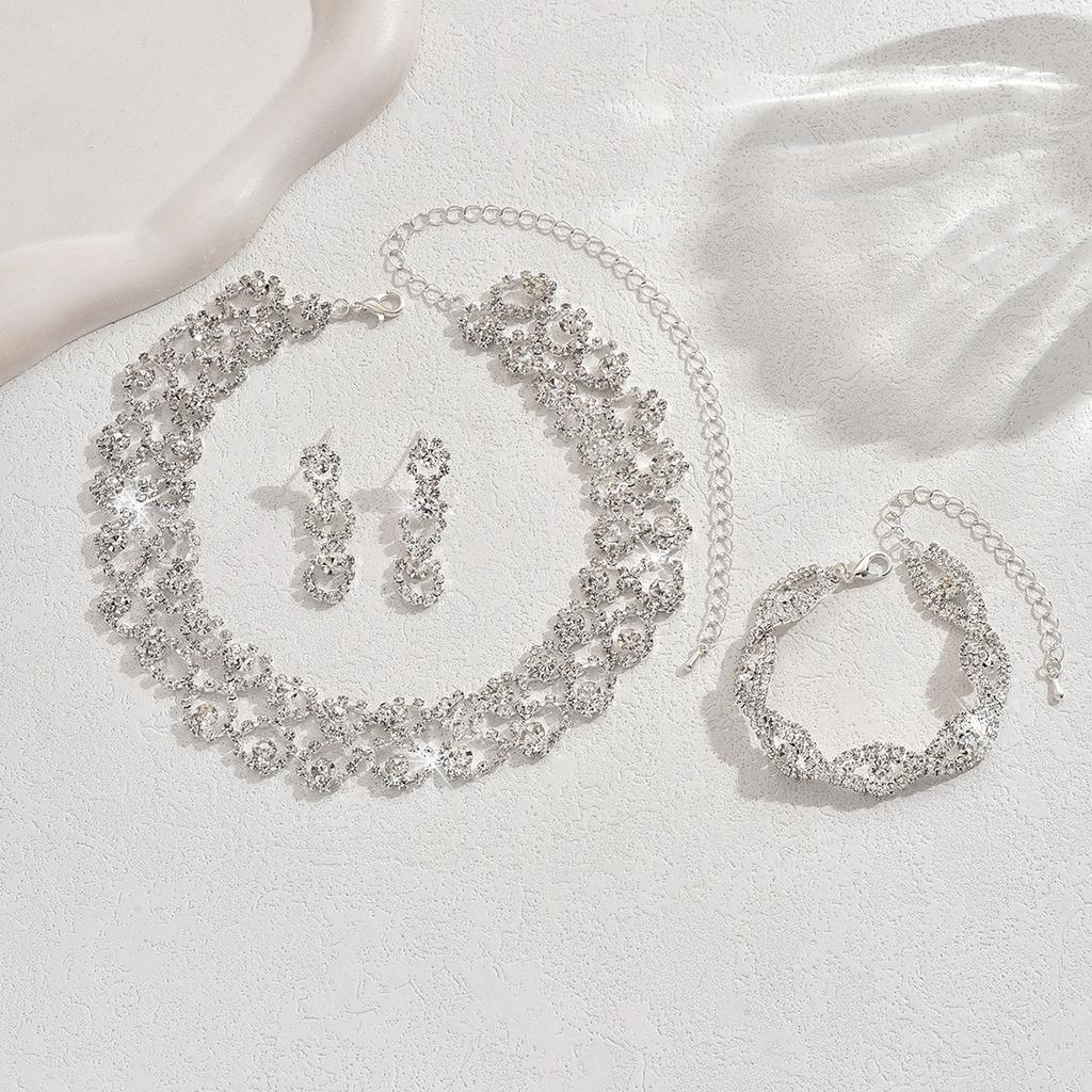 3pcs Women Jewelry Set Rhinestone Earrings Necklace Vracelet Wedding Party Accessories