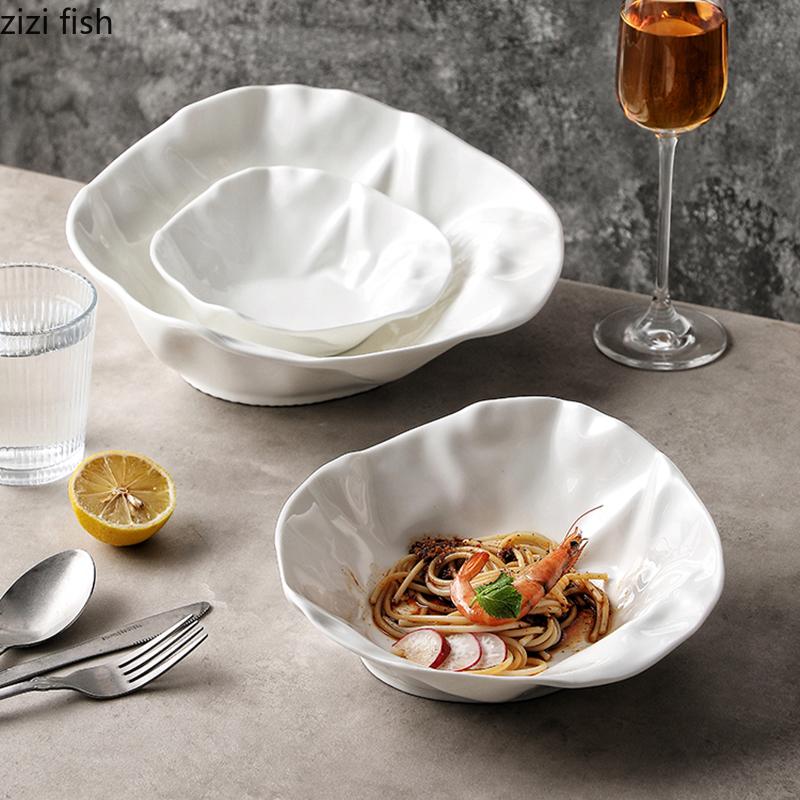 Pure White Irregular Ceramic Wrinkled Bowl Restaurant Salad Bowl Soup Bowl Pasta Bowls Molecular Food Specialty Tableware