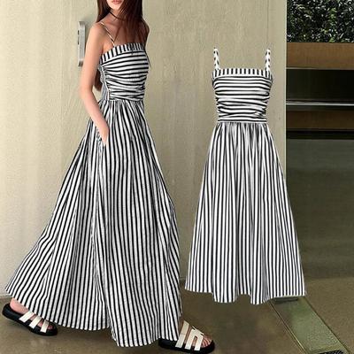 New Women's Striped Spaghetti Strap Extra Long Dress Thin Strap Square Neck Ruched A Line Long Dress with Pockets Suitable for Summer Vacation Wear