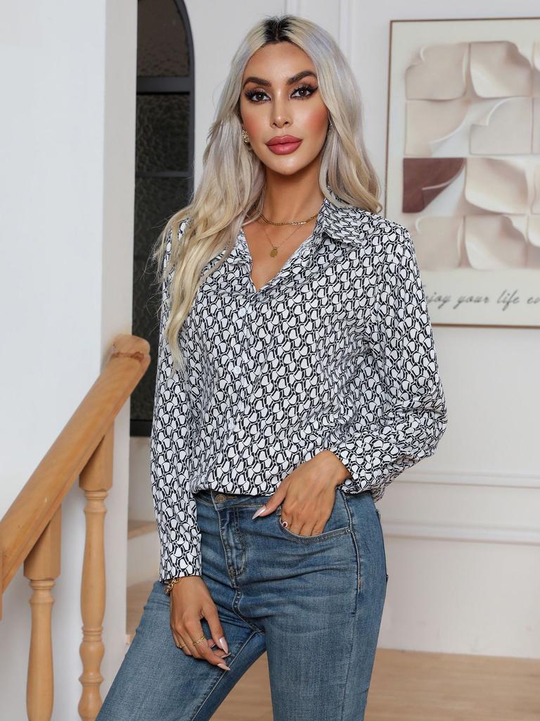 Spring Autumn Polo-neck Geometric Printed Long Sleeve Shirt Women Casual Fashion Patchwork Buttons All-match Cardigan Top Blouse