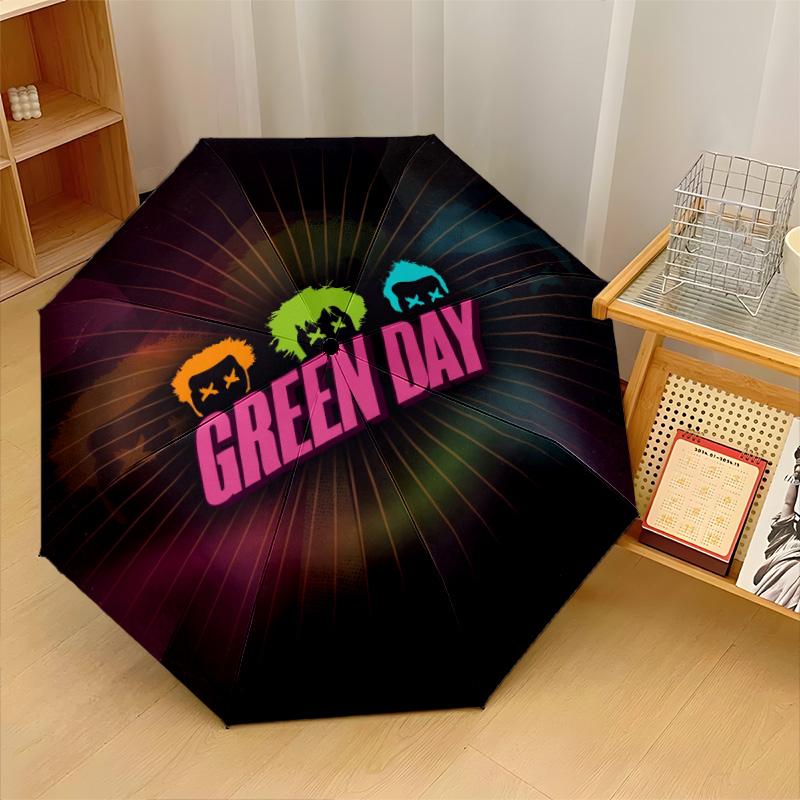 Green Day Print 8?Ribs Automatic Umbrella Wind Resistant Lightweight Folding Umbrella For Outdoor Travel