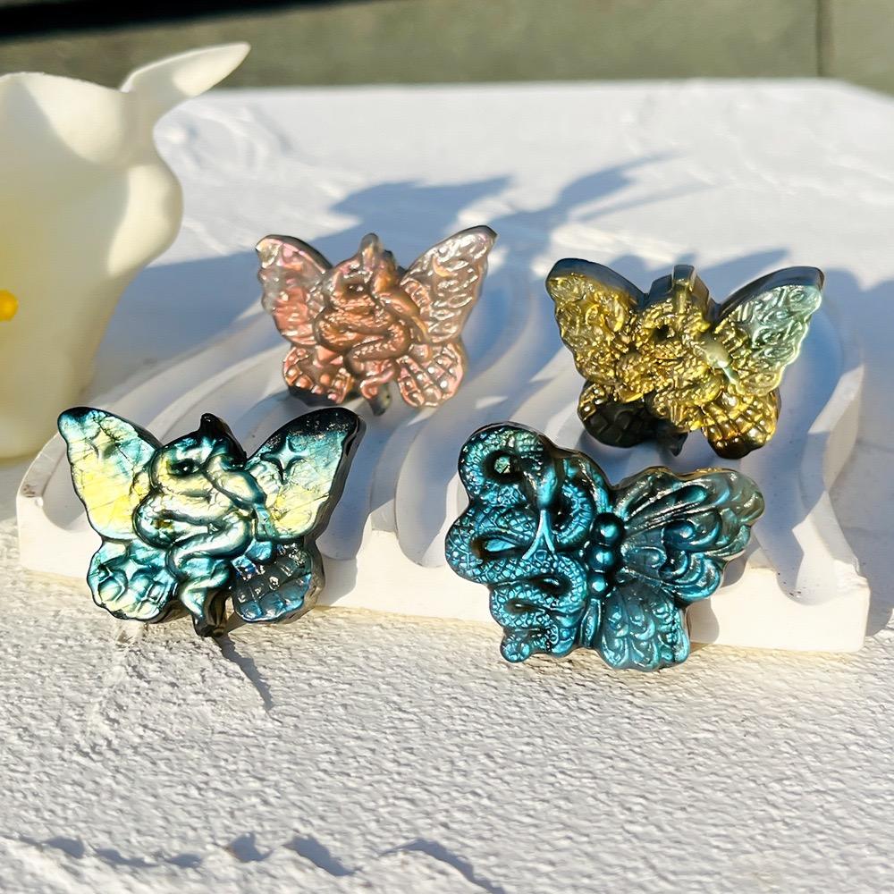 Hand Carved Engraved Seamless Labradorite Snake Butterfly Charm Natural Crystal Pendant DIY Necklace Bracelet Earring Making