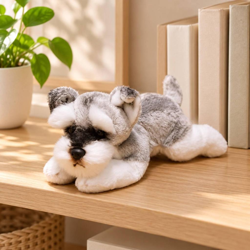 Liegender Schnauzer Plüschtier Stofftier Kuschelhund mit Schlappohren für Kinder,
