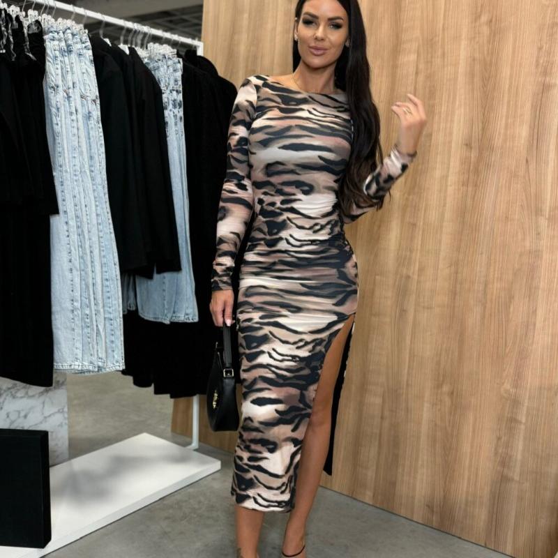 Autumn New Long Sleeve Zebra Print Split Sexy Dress Women Round Neck Slim Fit Vintage Party Club Casual Dresses Women Elegant High Waist Dress 25240