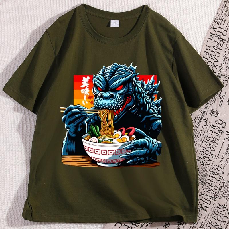 Funny Kaiju Eating Ramen Tshirt Japanese Monster Noodle Design T Shirt Anime Food Printed Tshirt Men Women Short Sleeve Tees