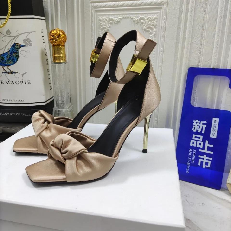 Fashion Satin Butterfly Knot Women Sandals Metal Thin Heel Sexy Square Toe High Heels Ankle Buckle Fashion Sandals Solid Color Shoe