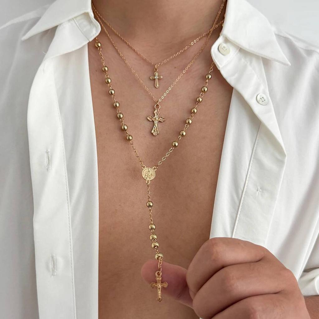 Salircon 3 Pcs/Set Hip Hop Punk Jesus Cross Pendant Necklace Men Trendy Metal Tassel Clavicle Choker Party Jewelry Male Gifts
