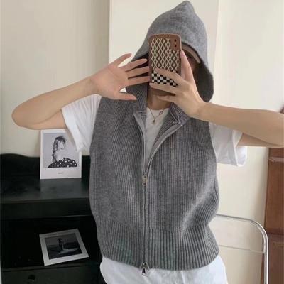 Pletená vesta s kapucí Nový kardigan na zip pro ženy Krátký volný svetr bez rukávů Bunda pro svrchní nošení