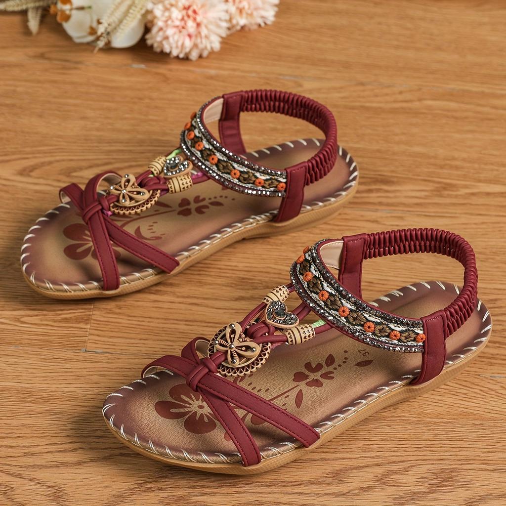 Fashion Bohemian Spring 2025 New Large Size Flat Flower Rhinestone Sandals Open-toed Beach Ladies Sandals