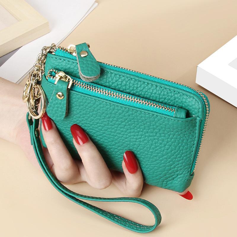 Women's Genuine Leather Mini Wallet Multi-Card Slots Coin Pouch with Keychain Handheld Zip Change Purse Stylish Compact Daily Accessory for Ladies