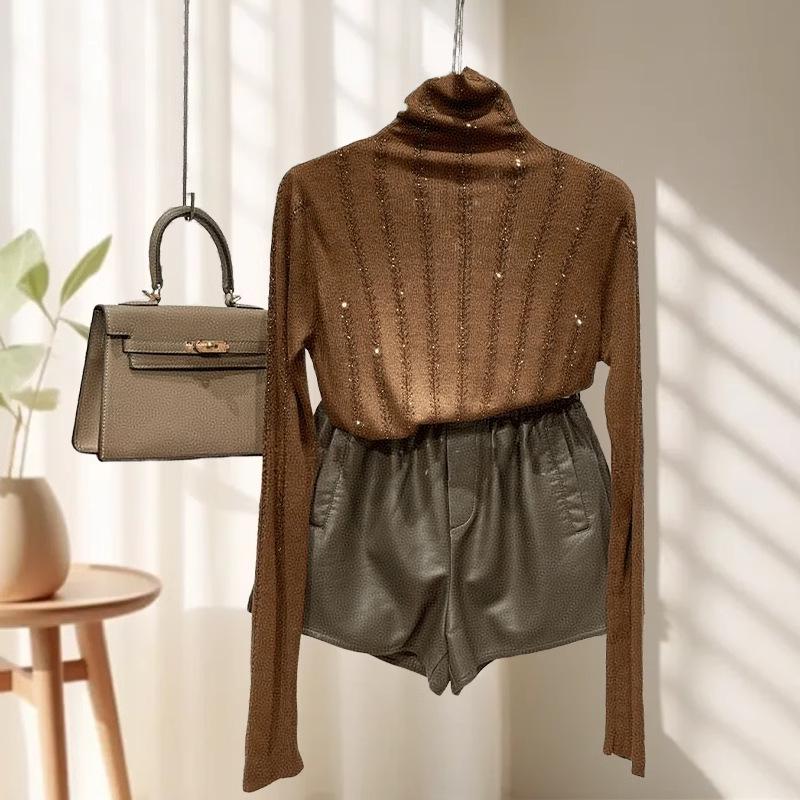 Women's High Neck Long Sleeve Heavy Duty Rhinestone T-shirt (92% Polyester, 8% Spandex)