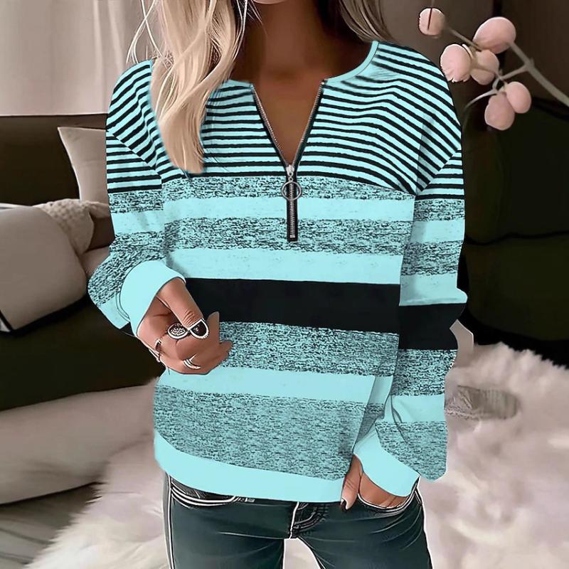 Autumn Winter Striped Printed Women's Long Sleeved T-Shirts Geometry Zipper V-Neck Woman Tops Loose Casual Plus Size Clothes 5XL
