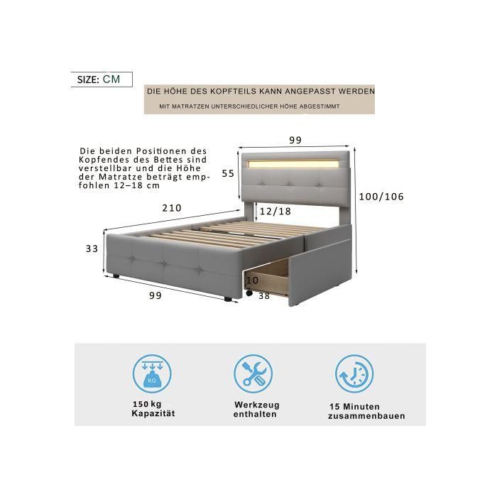 Gepolstertes Bett - MUVOE - 90x200 cm - LED-Beleuchtung - 2 Schubladen - Sanftes Grau