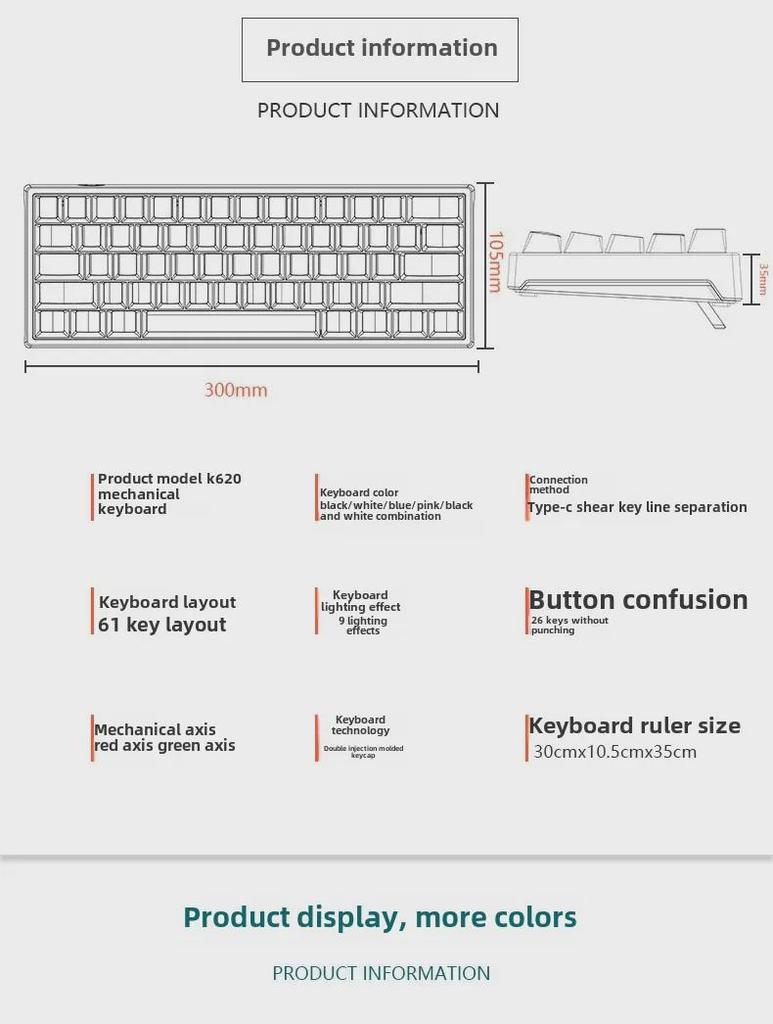 K620 Wired & Bluetooth RGB Gaming Mechanical Keyboard, Hot-Swappable, Blue Switch, Type-C
