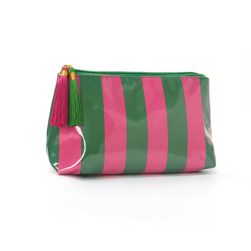 PVC Striped Makeup Bag with Tassel Zipper Waterproof,Large-Capacity,Portable Cosmetic Organizer &Toiletry Bag for Outdoor Travel