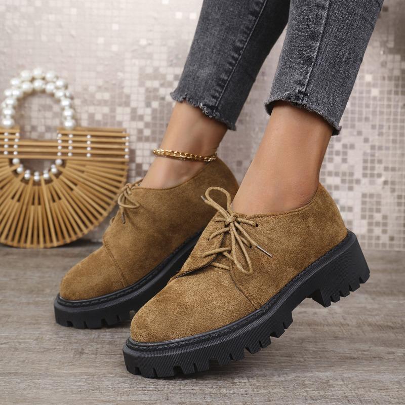 Large size platform women's spring and autumn new thick heel lace-up fashionable versatile and comfortable small leather shoes