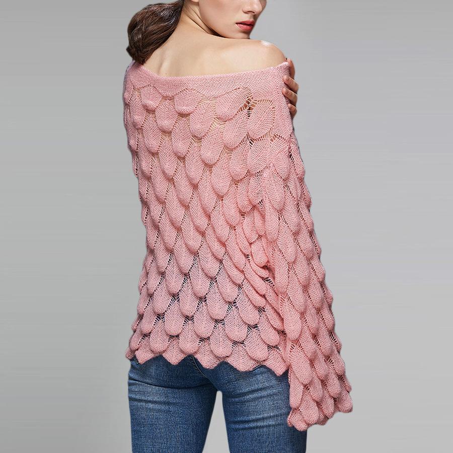 Neuer lockerer Strickpullover mit hohlem 3D-Federmuster, Rundhalsausschnitt und Glockenärmeln für Damen, Oberbekleidung