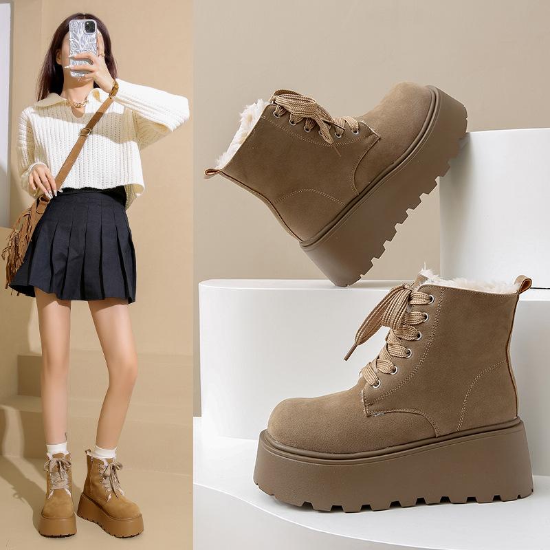 

Muffin thick-soled small man heightening Martin boots women s shoes autumn and winter lace-up round head short boots 41 хакі