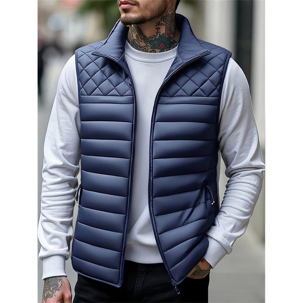 Men's Solid Color Fleece-lined Zip-up Vest, Stand Collar, Sleeveless, Outdoor Casual Warm Vest Jacket