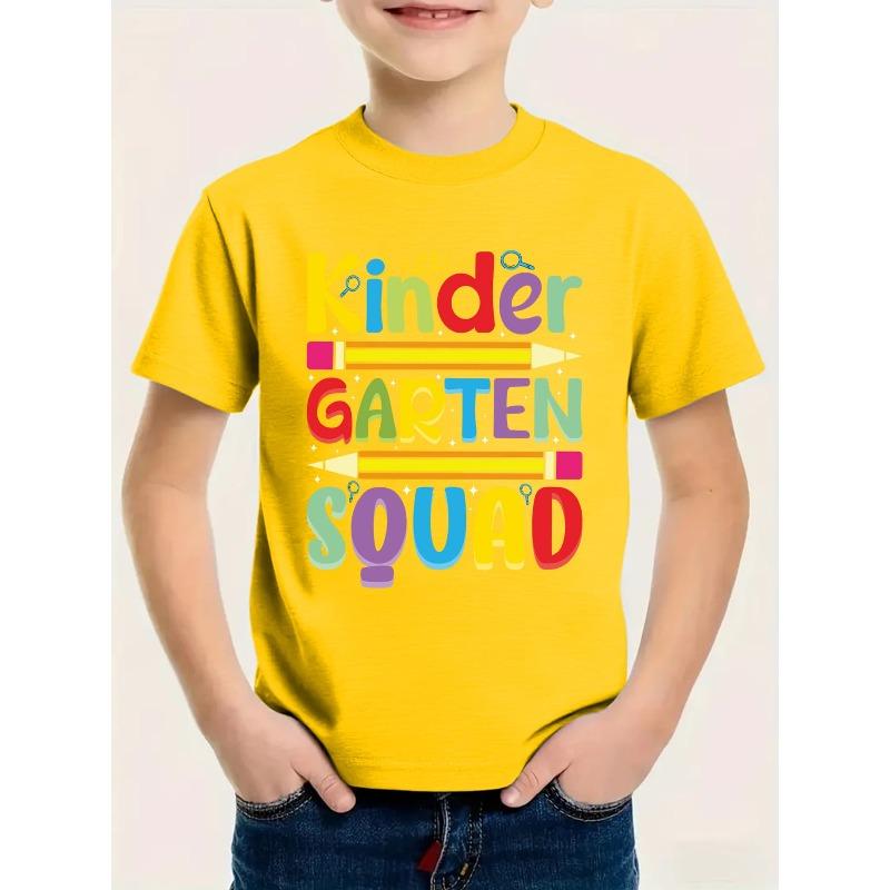 European Size Boys Round-neck Short-sleeved T-shirt with Unique English Patterns KINDER GARTEN SOUAD