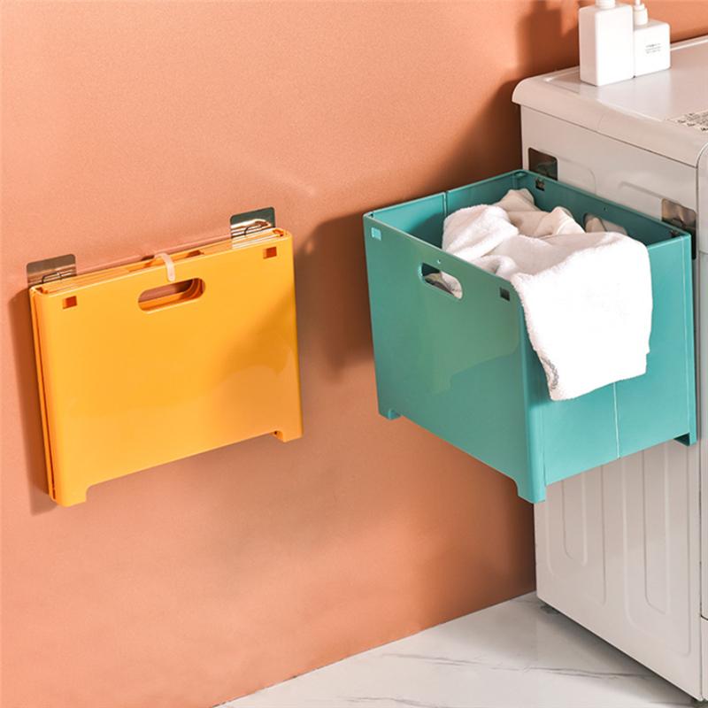 Foldable Wall-Mounted Plastic Dirty Clothes Laundry Storage Basket Punch-Free Home Bathroom Sundries Organizer with 2 Hooks