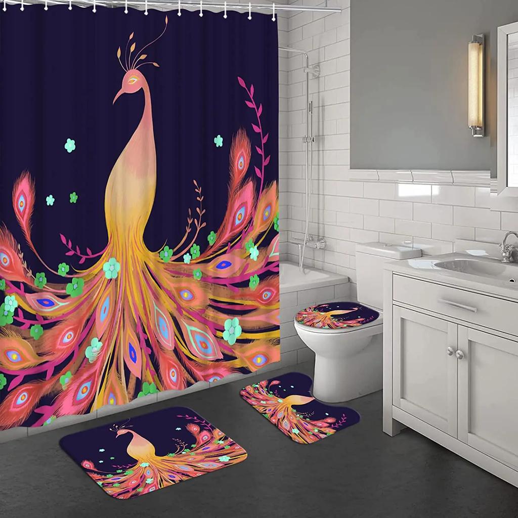 Watercolor Peacock Feather Shower Curtain Set With Rugs Toilet Lid Cover Carpet Bath Mat Bathroom Shower Curtains Set Home Decor